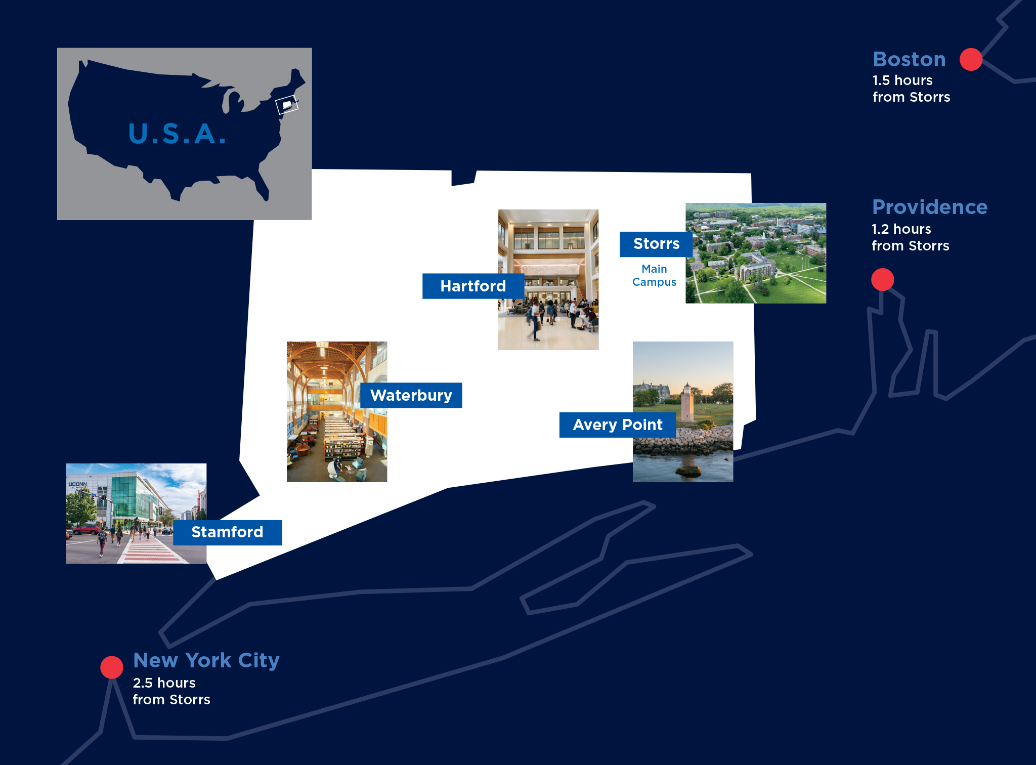 UConn map with all campuses